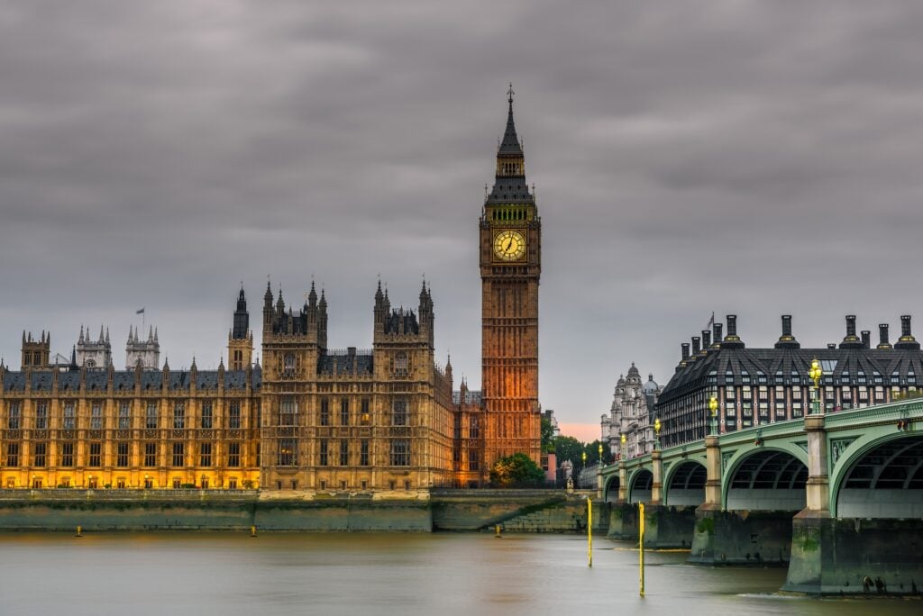Westminster abbey and big ben in the London skyline at night, London, UK